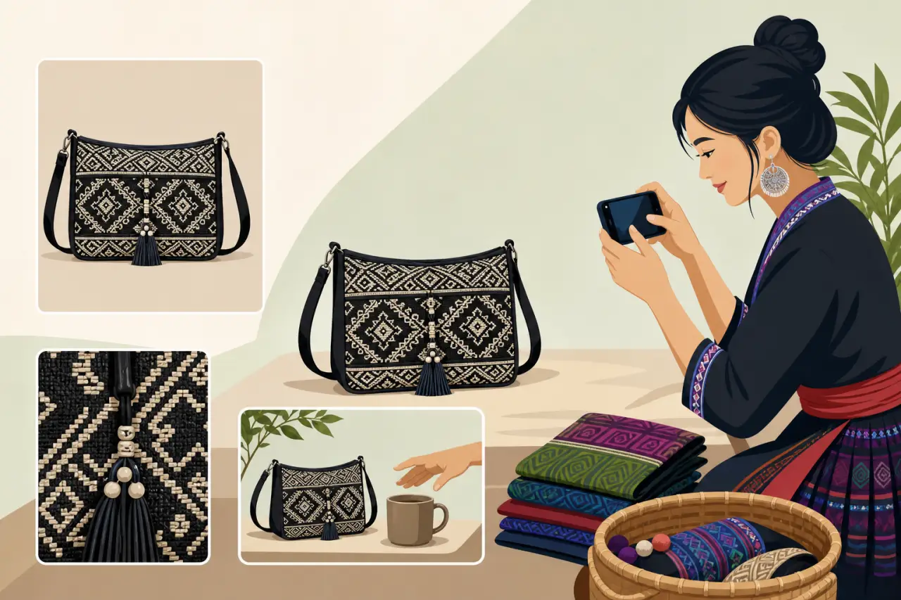 Illustration of a woman in traditional attire photographing a black and cream embroidered tribal handbag with tassel details for product listing photo
