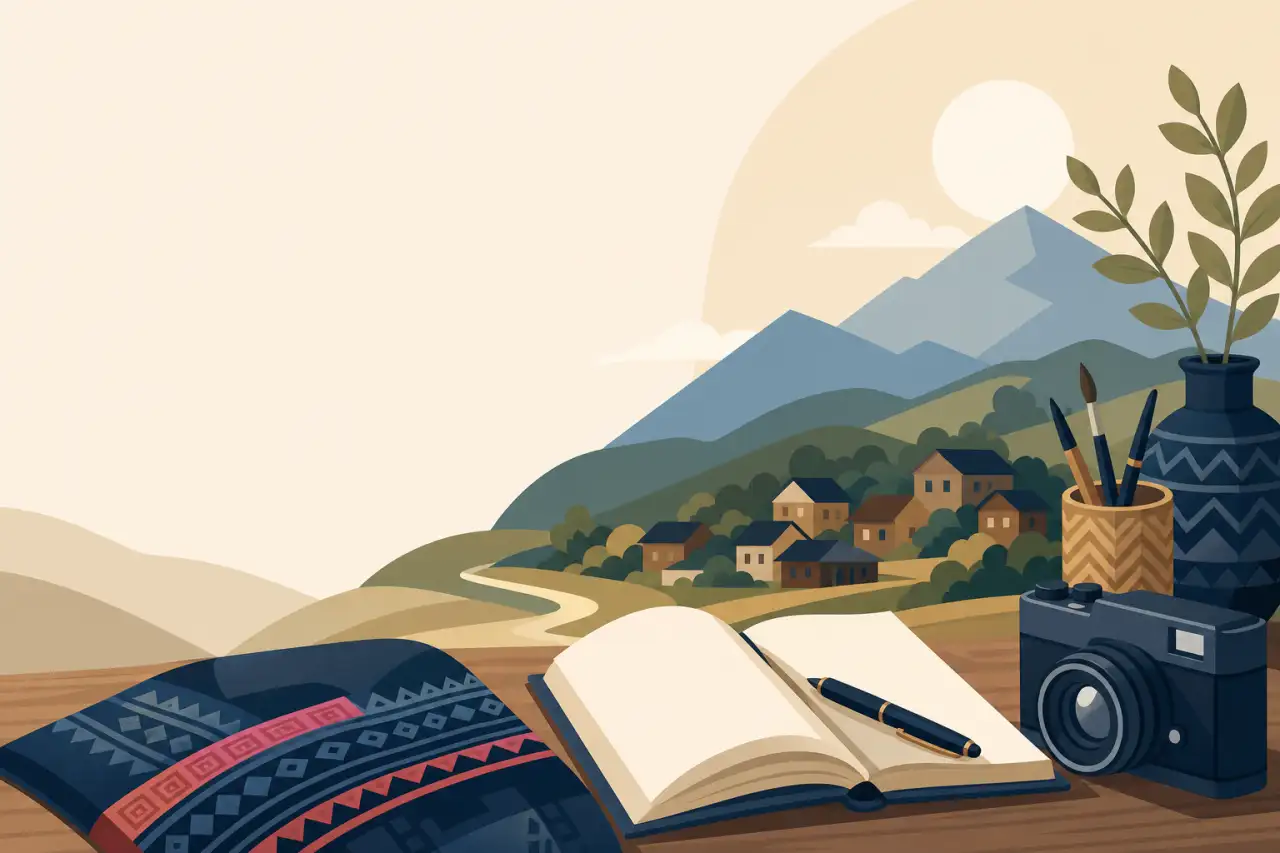 Illustrated wooden desk scene with an open journal, pen, camera, patterned textile, and paintbrush-filled vase overlooking a mountain village, evoking