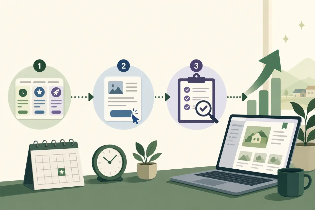Illustrated three-step workflow showing sponsored listing placement, from planning cards and a document editor to a checklist review, leading to a ris