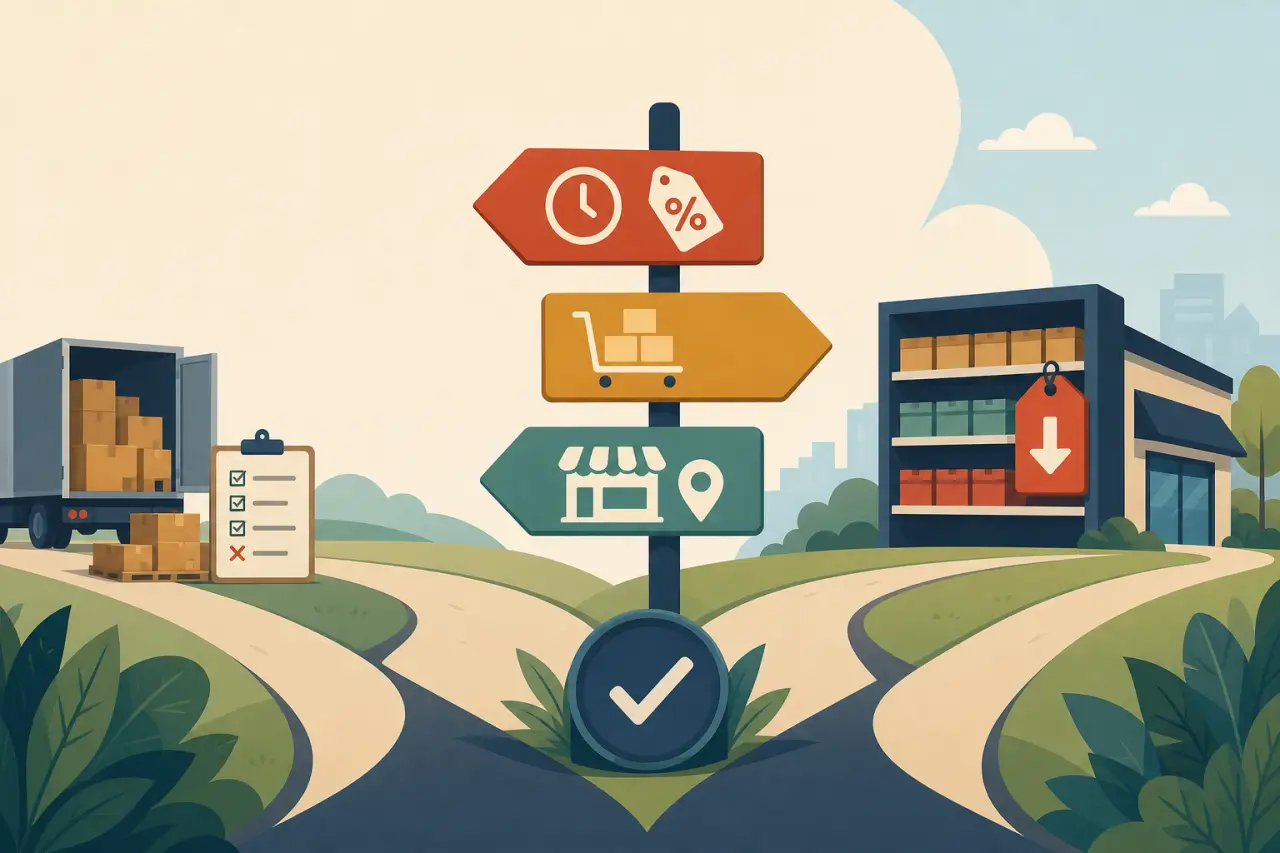 Illustrated crossroads with signpost icons for discounts, shopping cart, and storefront location, flanked by a delivery truck with boxes and a stocked