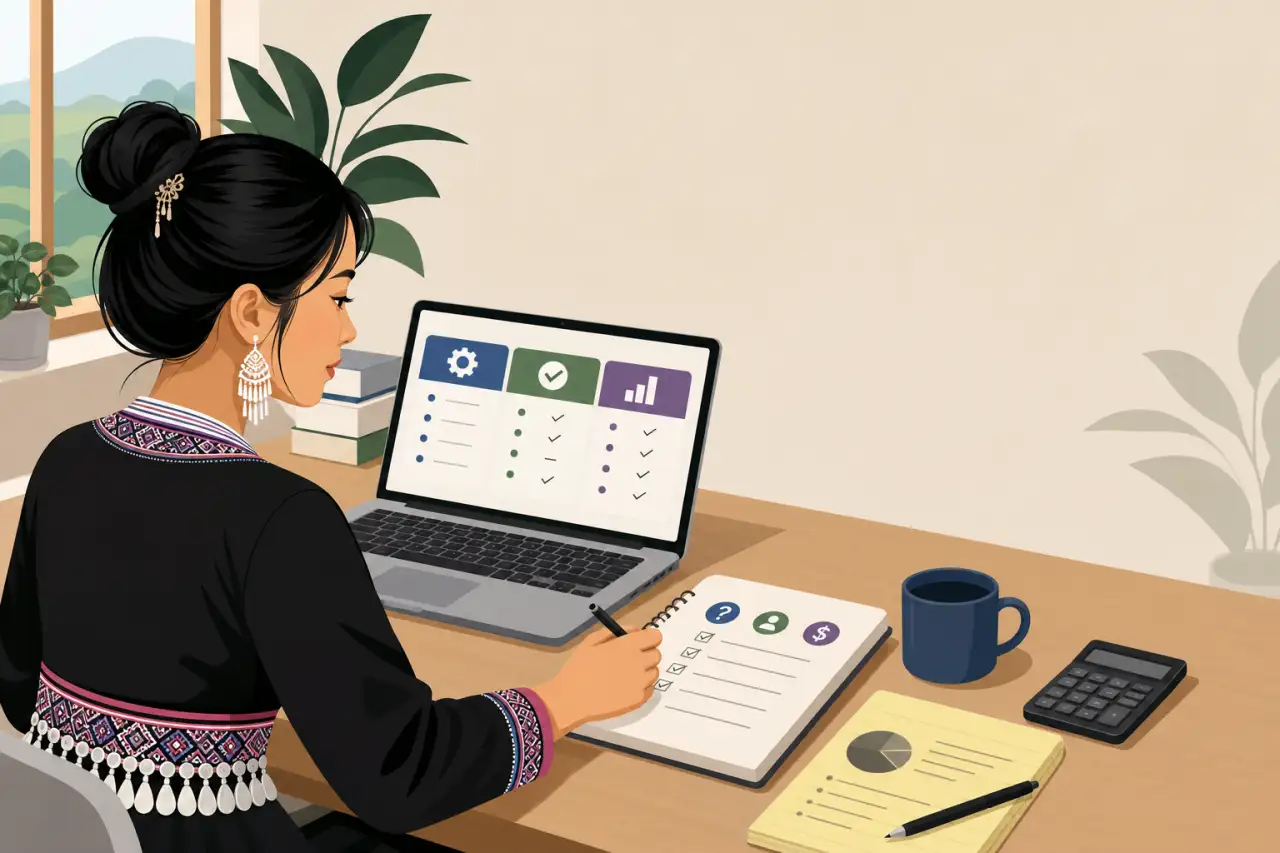 Illustration of a woman in traditional embroidered attire at a desk, checking a notebook checklist beside a laptop displaying settings, checkmark, and