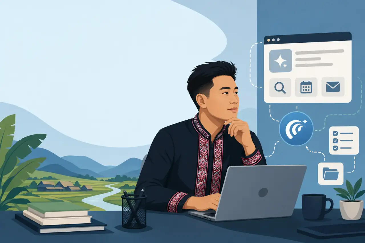 Illustration of a young man in traditional embroidered attire using a laptop with digital icons for search, calendar, and email nearby, symbolizing an