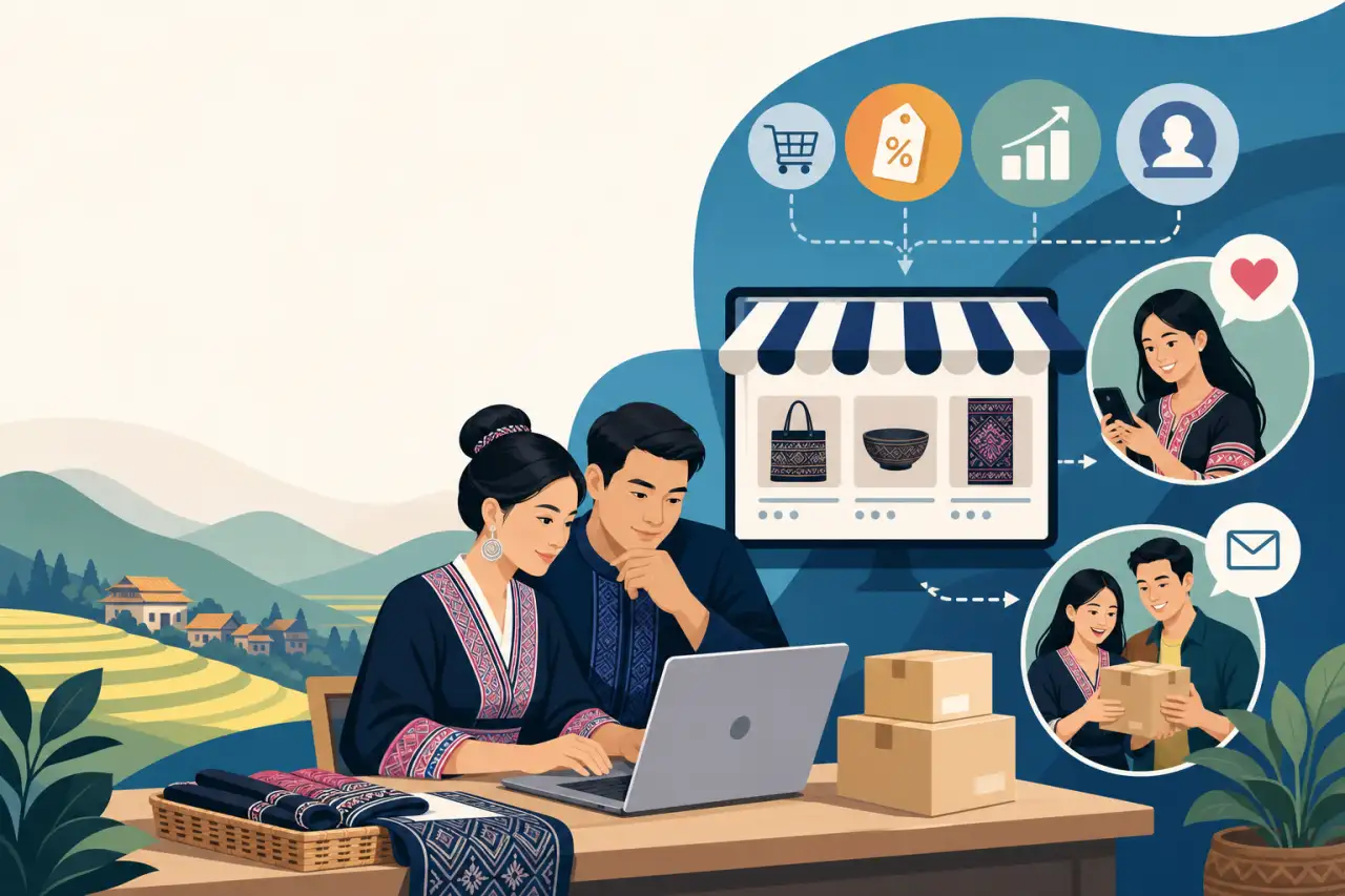 Illustration of a couple in traditional embroidered attire using a laptop to manage an online storefront with shipping boxes and textiles, depicting s