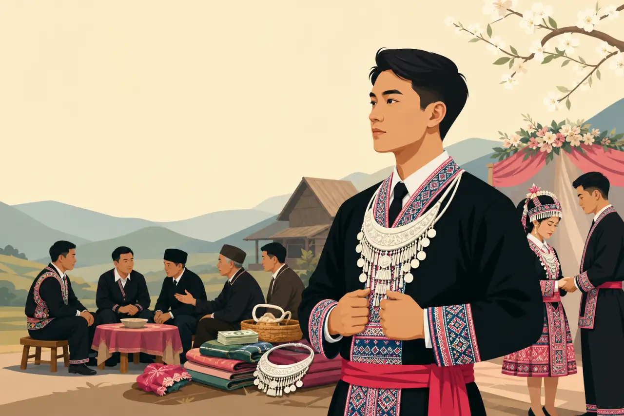 Illustrated Hmong wedding traditions meaning depicted through a young man in embroidered black attire and silver neck rings, with elders seated at a c