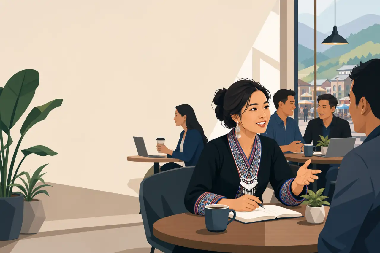 Illustrated cafe scene showing a woman in traditional embroidered attire discussing notes with a colleague over coffee, exemplifying networking for en
