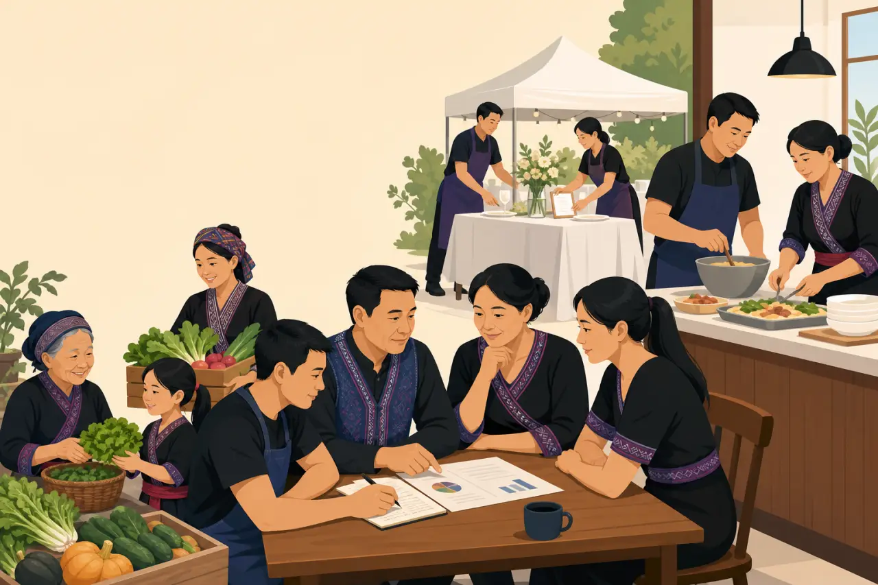 An illustrated multigenerational family in traditional attire reviews financial charts at a table while others harvest vegetables and prepare food nea