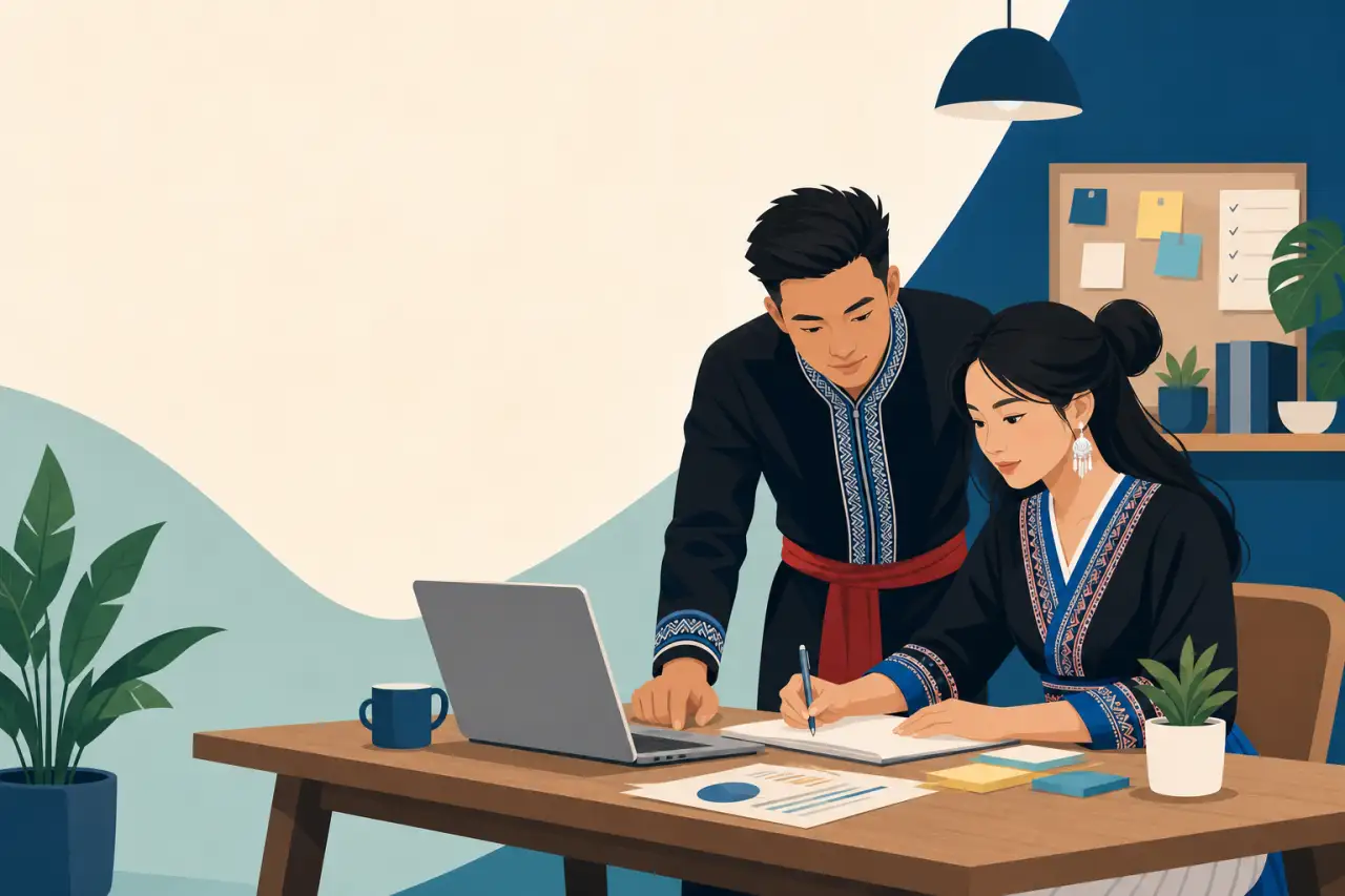 Illustrated man and woman in traditional embroidered attire reviewing notes and a laptop at a wooden desk, reflecting the process of building a strong