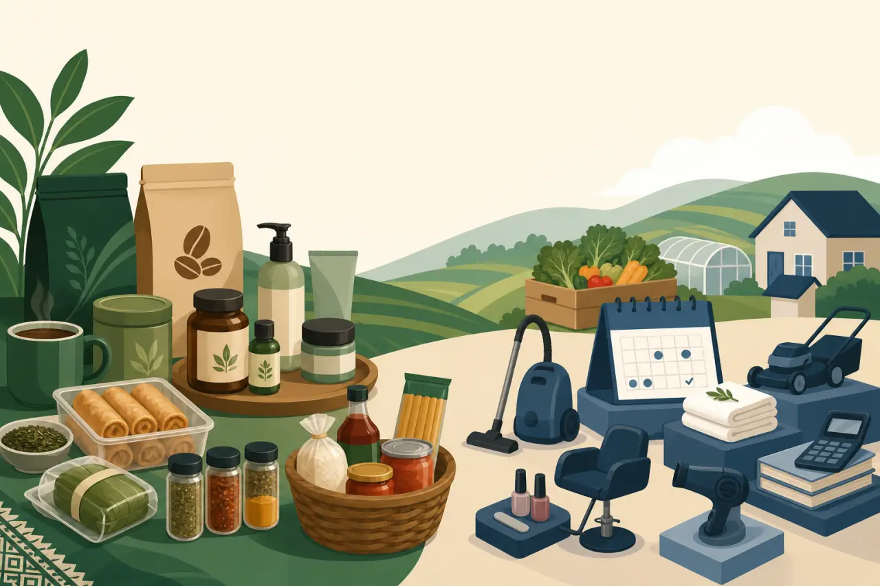 Illustration representing a subscription business model small business, showing coffee, skincare, pantry goods, cleaning tools, salon equipment, and a