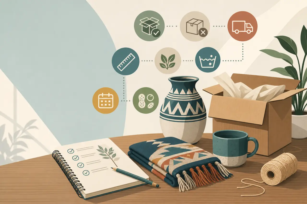 An illustrated flat-lay banner showing a checklist notebook, folded patterned textile, ceramic vase, mug, cardboard box with packing paper, twine, and