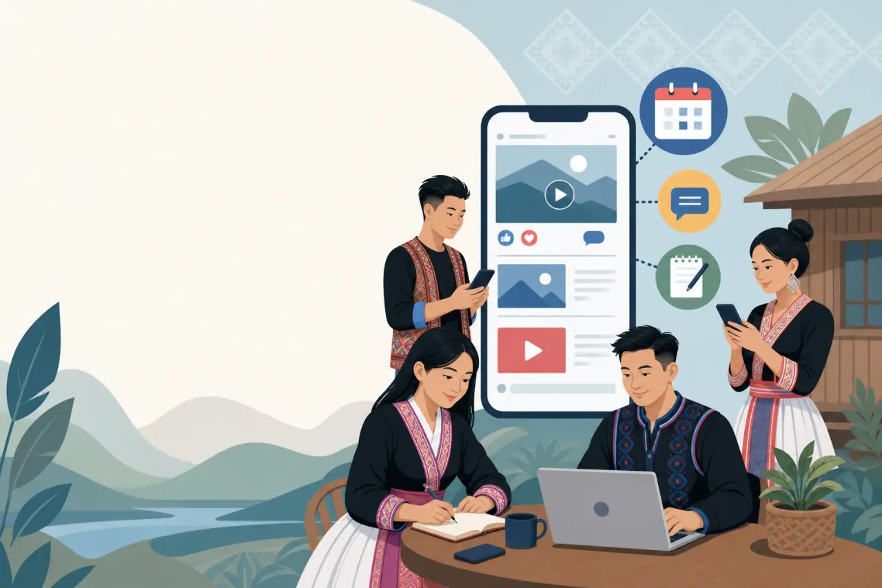 Illustration of four people in traditional embroidered attire using smartphones, a laptop, and a notebook near a giant phone screen with social media