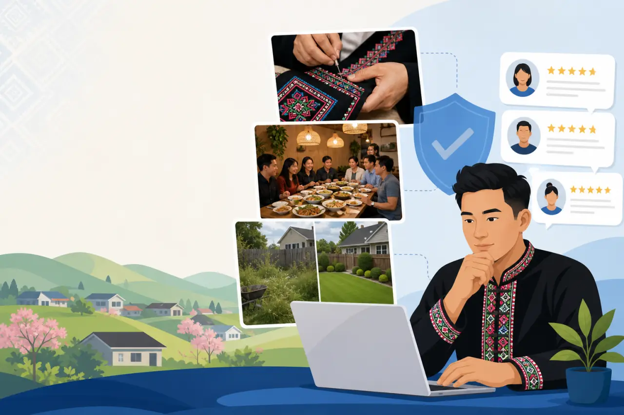 Illustrated man in traditional embroidered attire browses a laptop beside photos of embroidery, a family meal, and yard transformations, with star rev