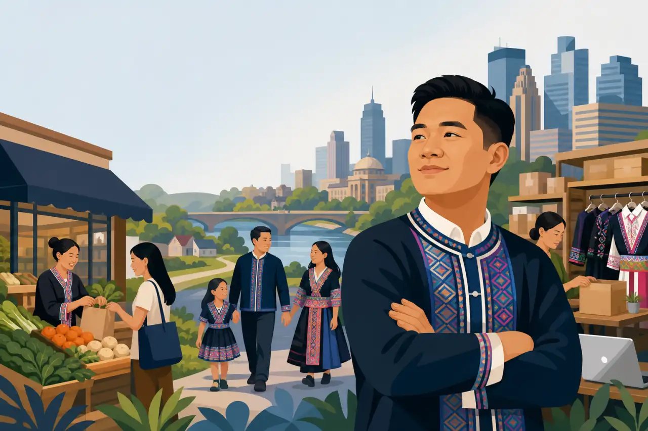 A confident man in traditional embroidered attire stands with arms crossed before a market and riverside cityscape, symbolizing Hmong-owned businesses
