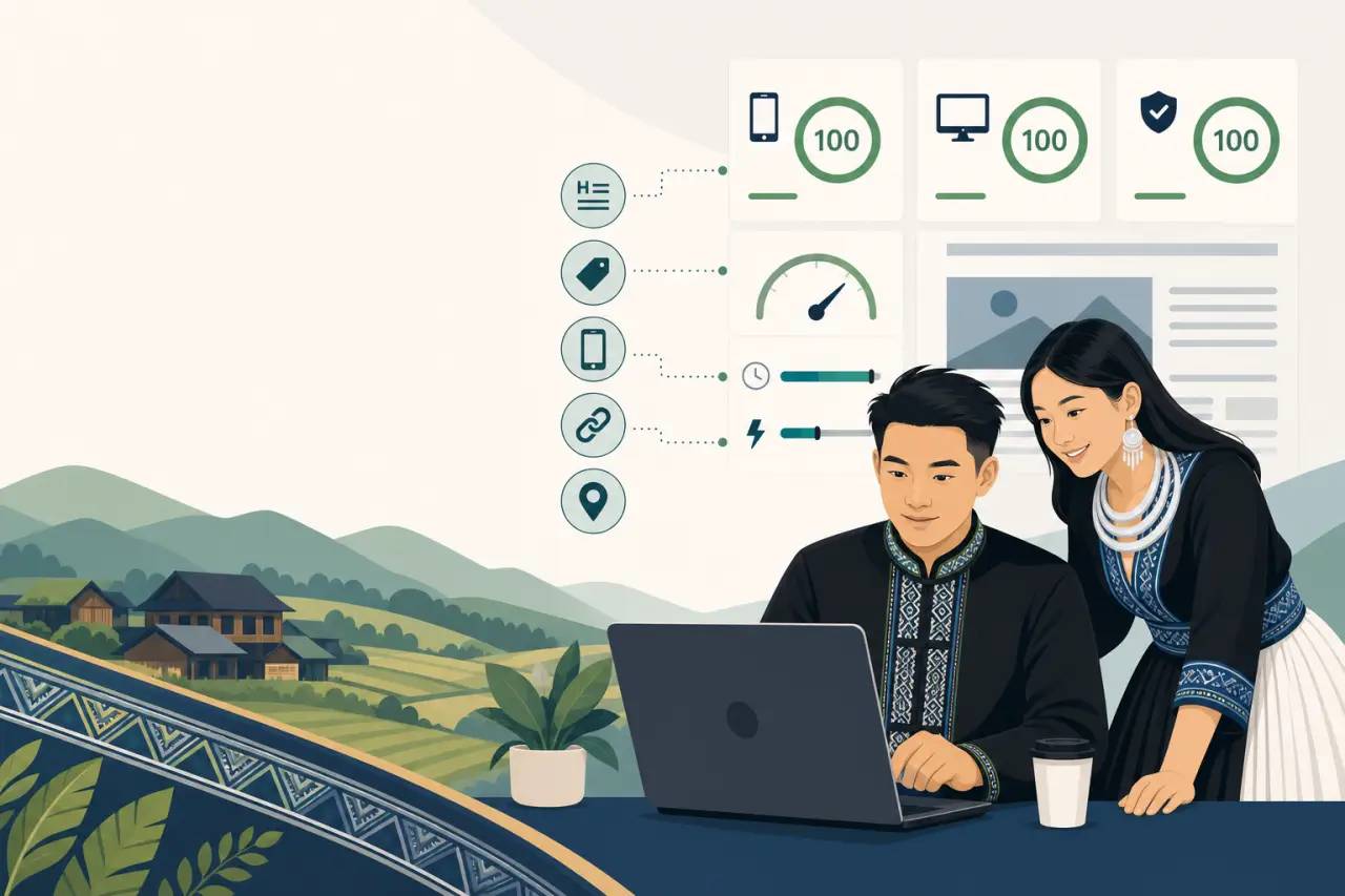Illustration of a Hmong couple in traditional embroidered attire reviewing a laptop displaying perfect performance scores, icons, and a webpage layout
