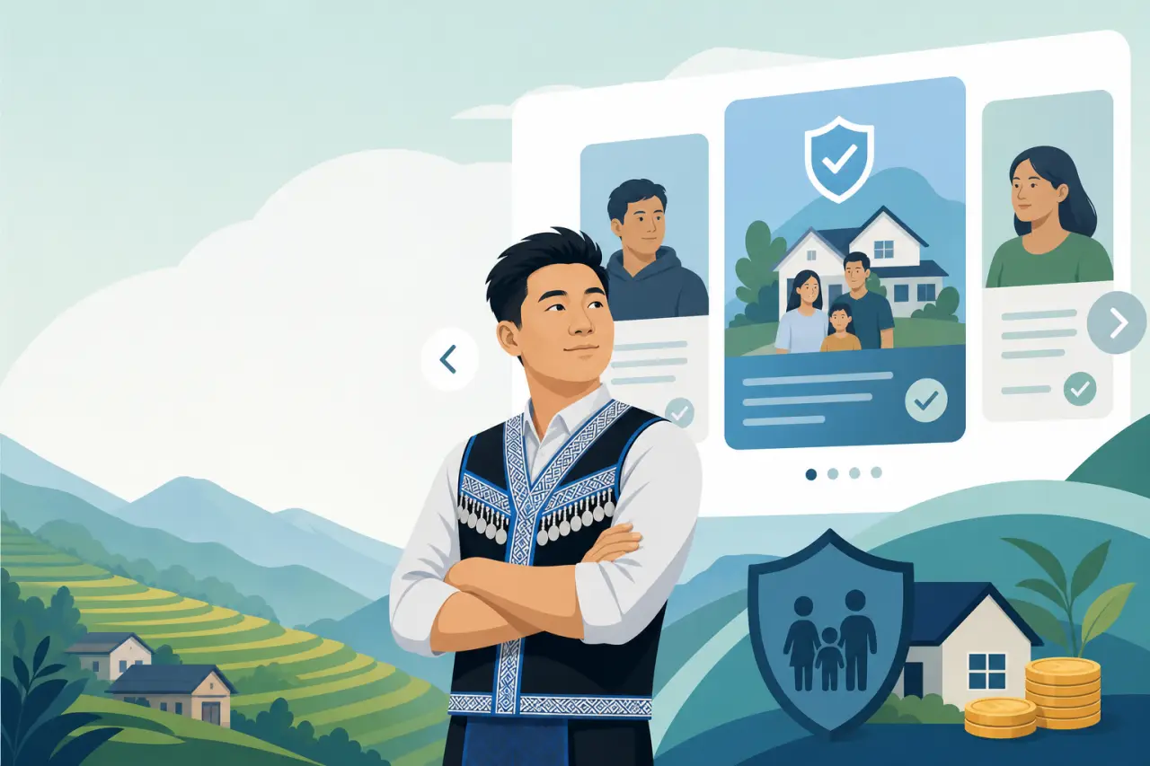 A man in traditional embroidered attire stands confidently before a carousel of family and home protection profiles, illustrating themes of coverage a