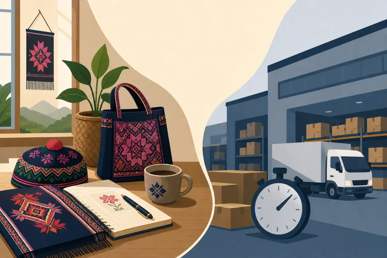 Illustration split between a cozy desk with embroidered textiles, a tote bag, and coffee mug beside a warehouse loading dock with boxes, a delivery tr