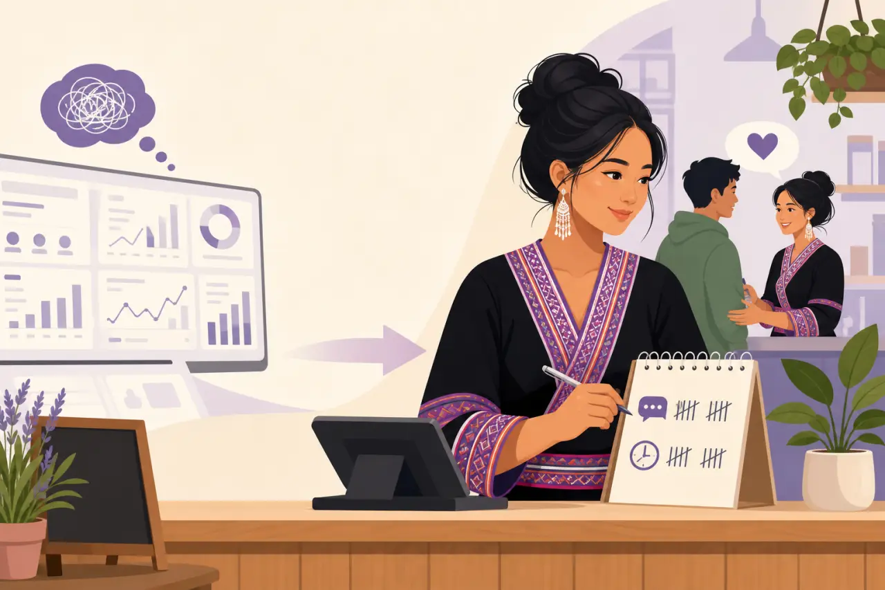 Illustration of a woman in traditional embroidered attire tallying customer interactions on a notepad beside a tablet and analytics dashboard, symboli