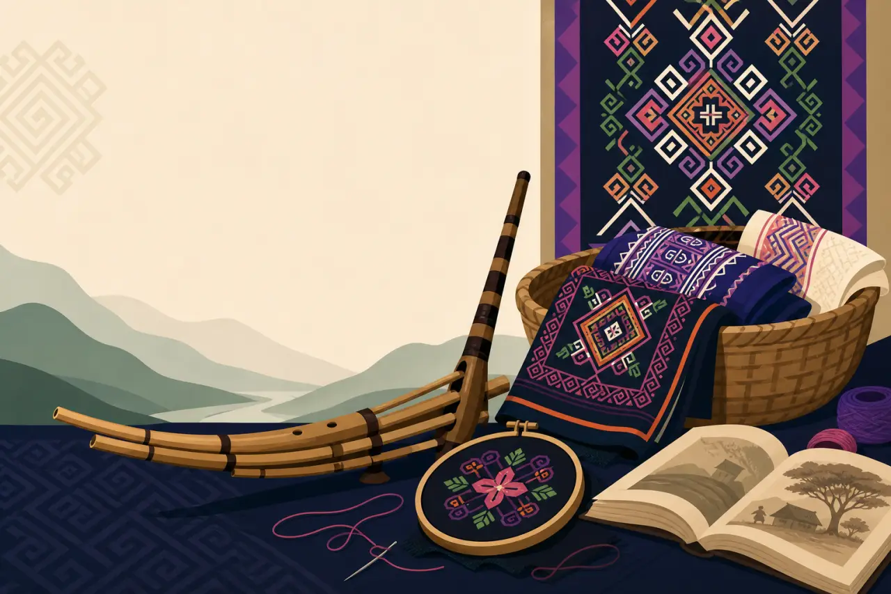 Illustrated banner featuring a bamboo qeej flute, embroidered textiles, a woven basket, and an open sketchbook against layered mountains, symbolizing