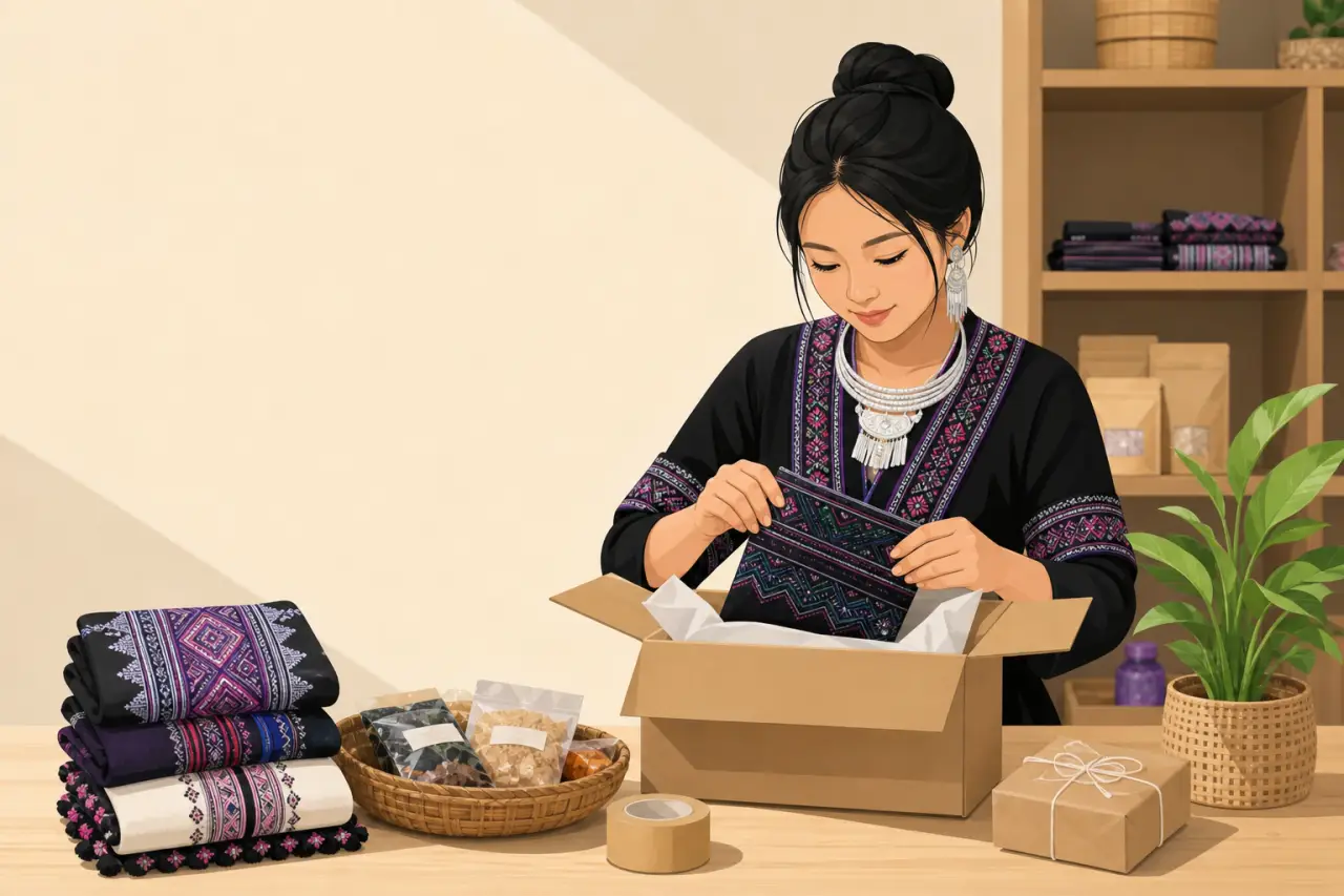 Illustrated woman in traditional embroidered attire carefully packs a textile order into a cardboard box, surrounded by folded fabrics, dried goods, a