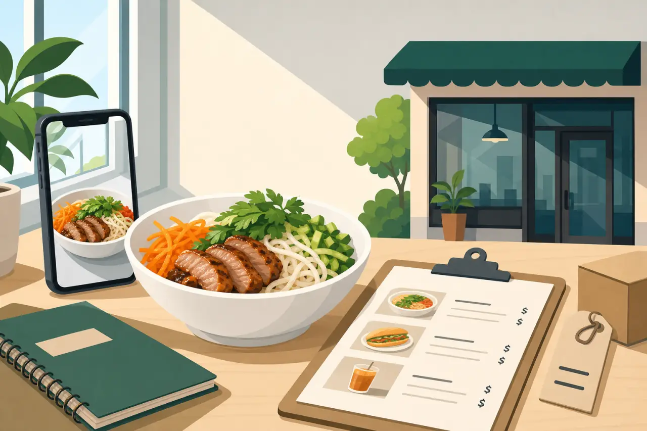 Illustrated flat-lay scene showing a noodle bowl with sliced meat, vegetables, a smartphone photo of the dish, a spiral notebook, a price menu clipboa