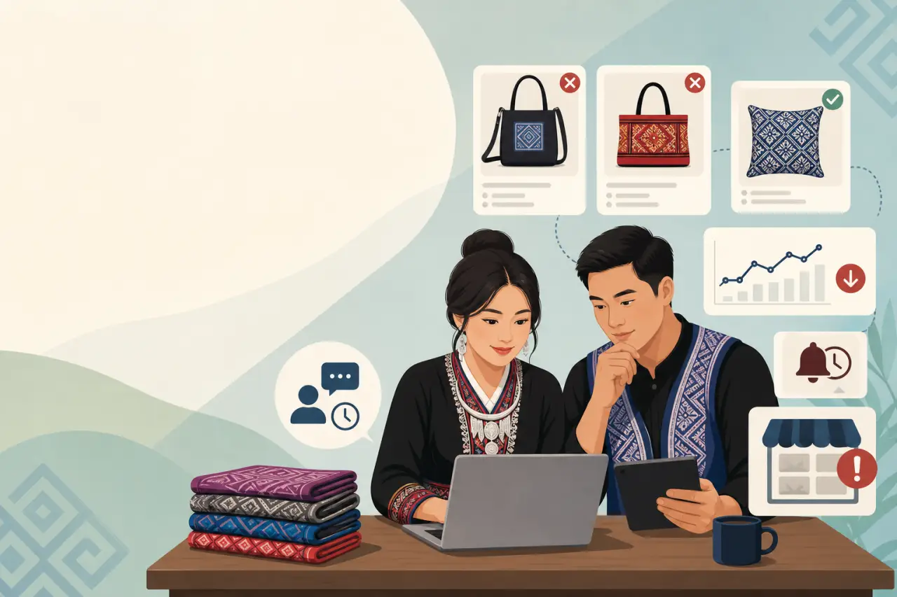 Illustration of a woman and man in traditional embroidered attire reviewing a laptop and tablet, surrounded by product cards showing bags, a pillow, s
