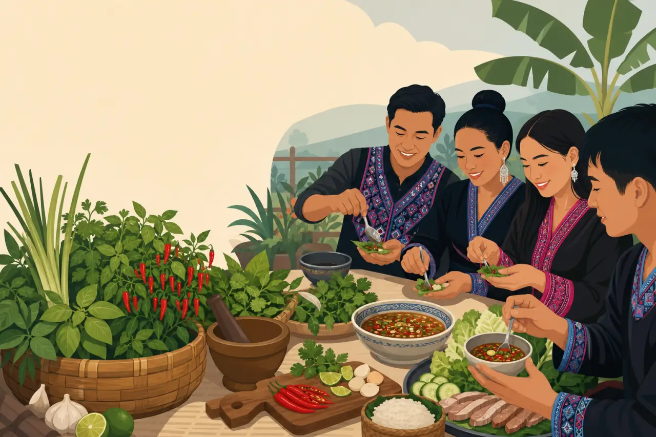 Illustration of four people in traditional Hmong embroidered attire preparing herbs, chilies, and dipping sauce at an outdoor table, showing what is H