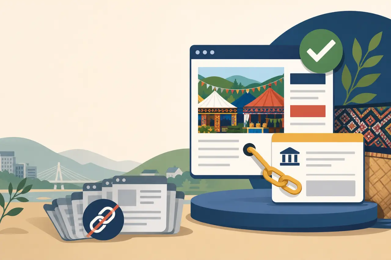 Illustrated banner showing a verified website screen linked by a gold chain to an institutional card, symbolizing backlinks for small business SEO, wi