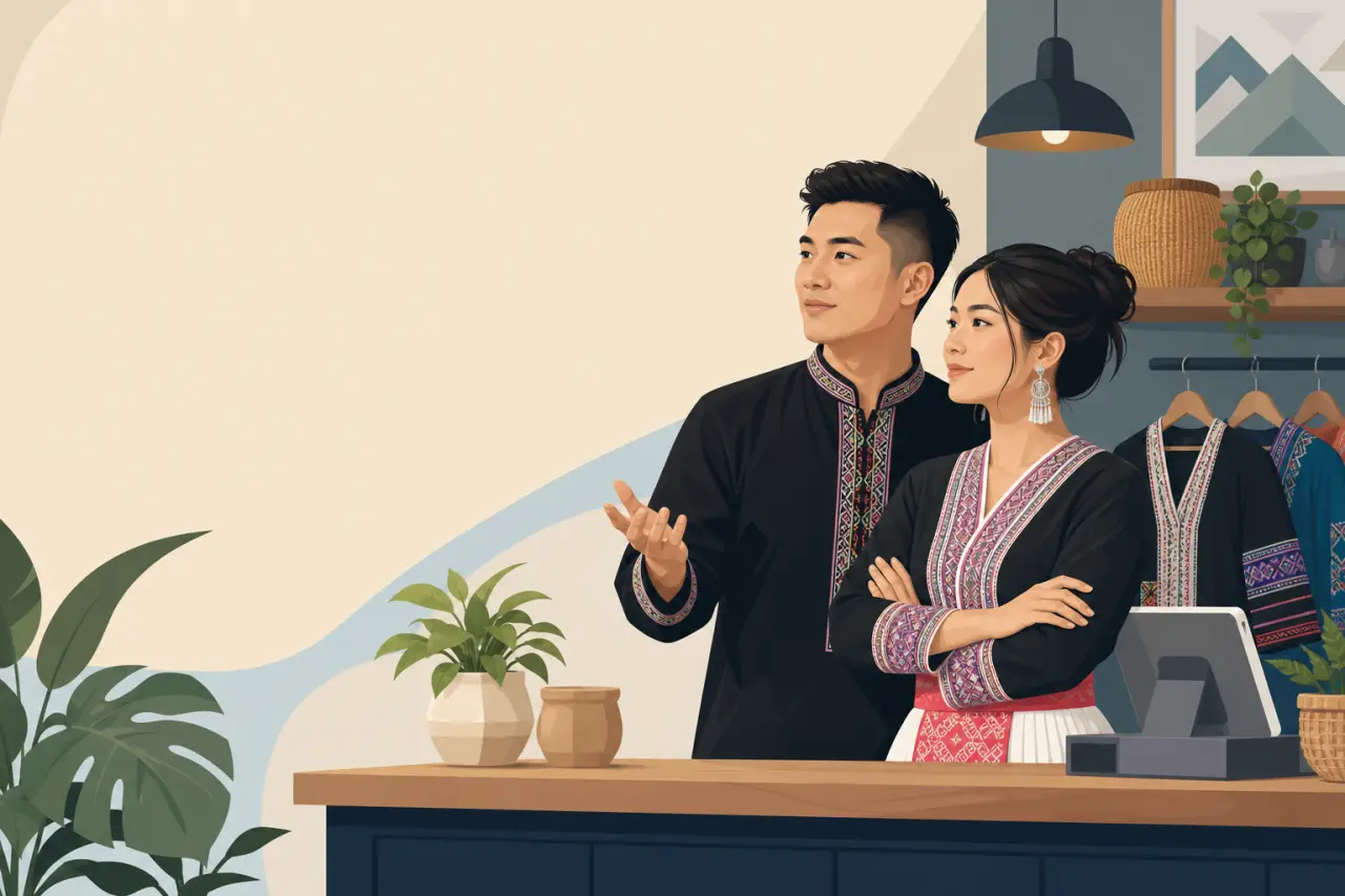 Illustrated shop owners in embroidered traditional attire stand behind a wooden counter with plants, hanging garments, and a POS system, reflecting au
