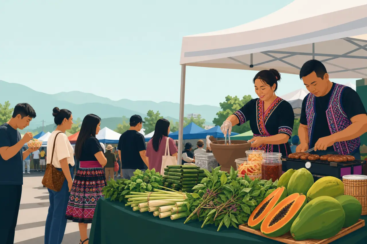 Vendors in traditional embroidered vests prepare papaya salad and grilled sausages beside fresh herbs and papayas at an outdoor market stall, illustra