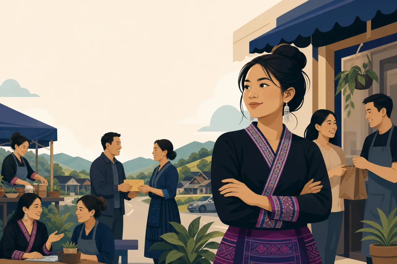 Illustrated hillside village scene showing a confident woman in traditional embroidered attire standing before shopkeepers and neighbors exchanging go