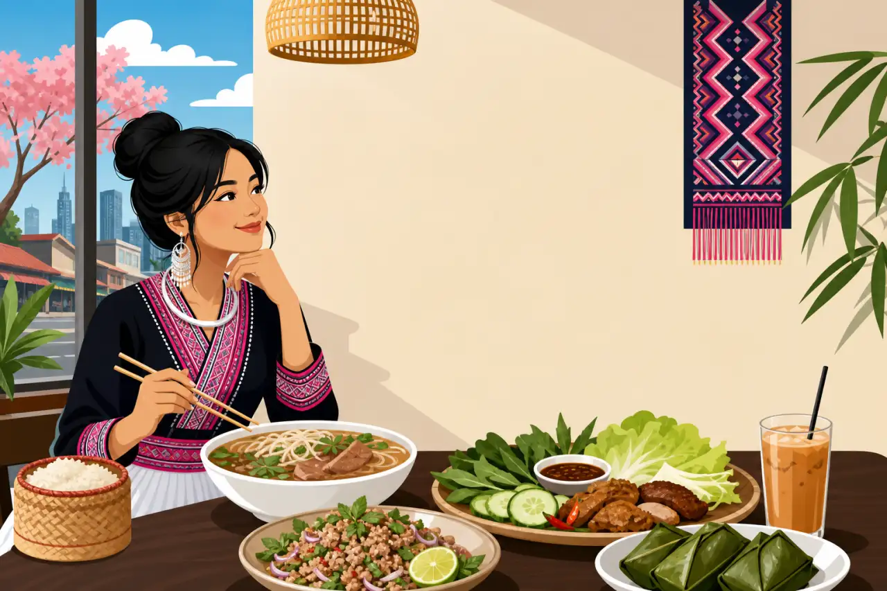 Illustrated woman in traditional Hmong attire enjoys noodle soup and larb beside grilled meats, sticky rice, and iced coffee, evoking themes explored