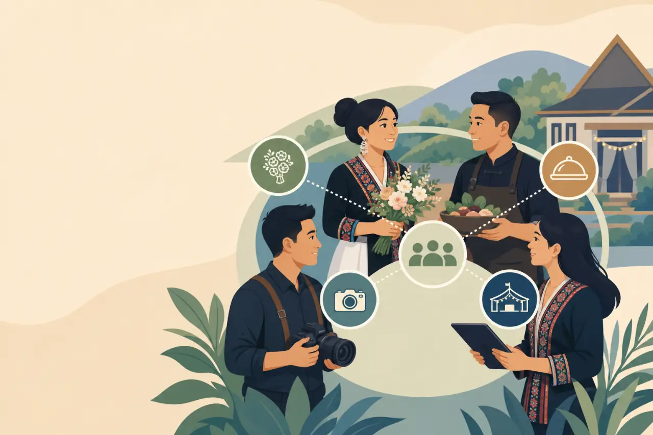 Illustration of a florist, caterer, photographer, and event planner connected by icons representing florals, catering, tent rentals, and photography,