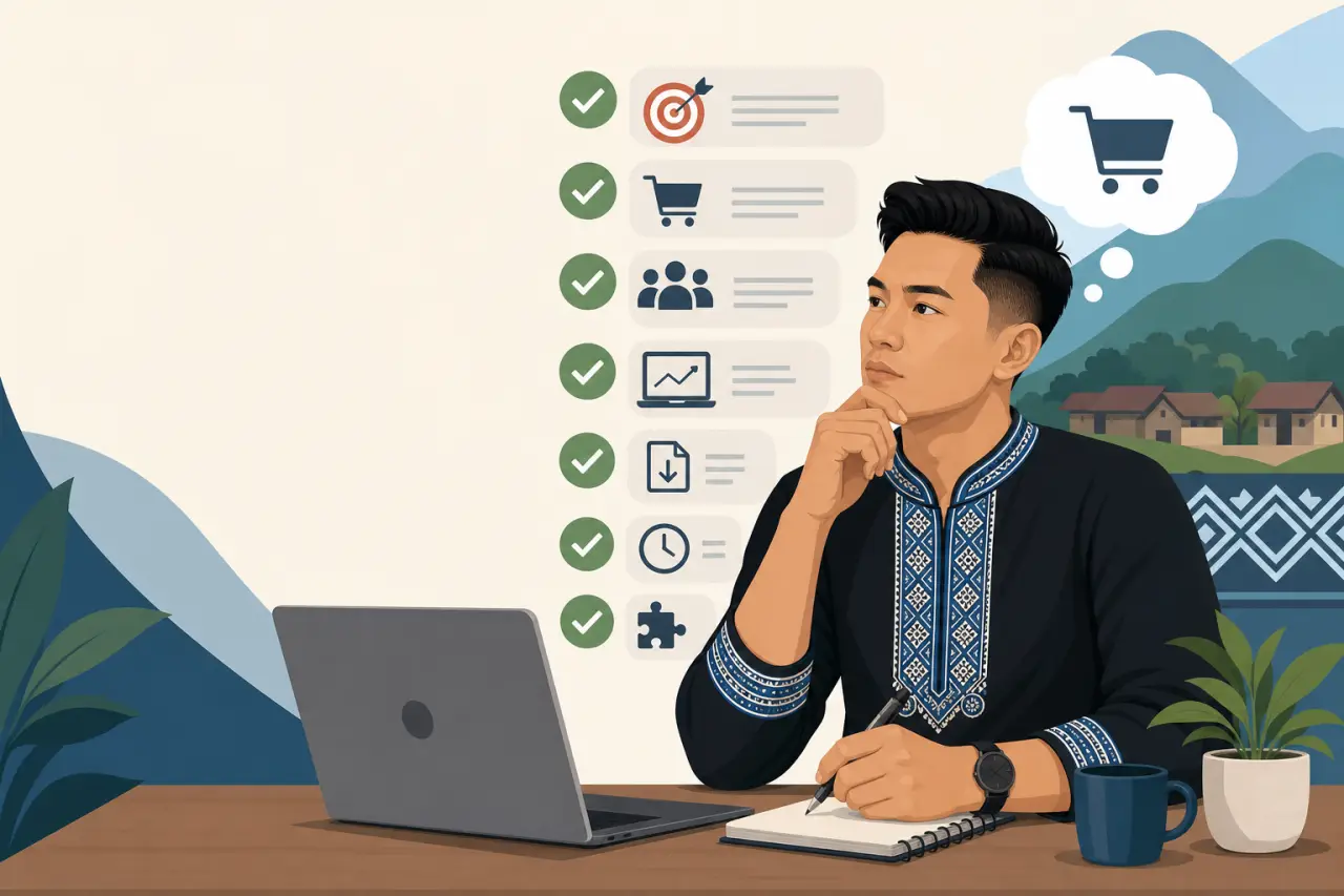 Illustration of a thoughtful man in traditional embroidered attire writing notes beside a laptop, with a checklist of green checkmarks and icons repre