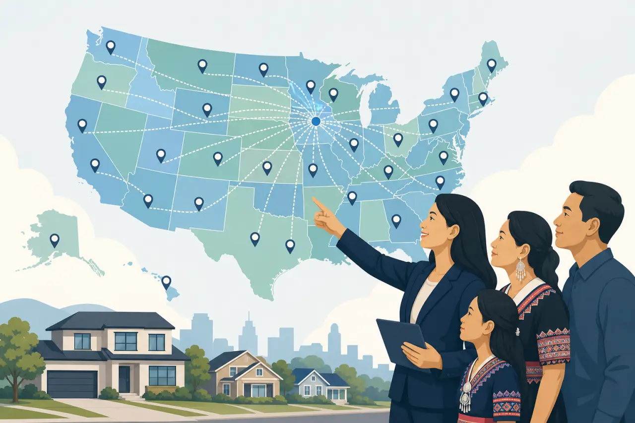 An agent holding a tablet points to a location marker on a large United States map with connecting dashed lines, while a family in traditional pattern