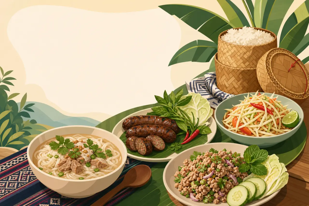Illustrated spread of noodle soup, sausages, papaya salad, minced meat larb, and sticky rice baskets on banana leaves, ideal for those searching to fi