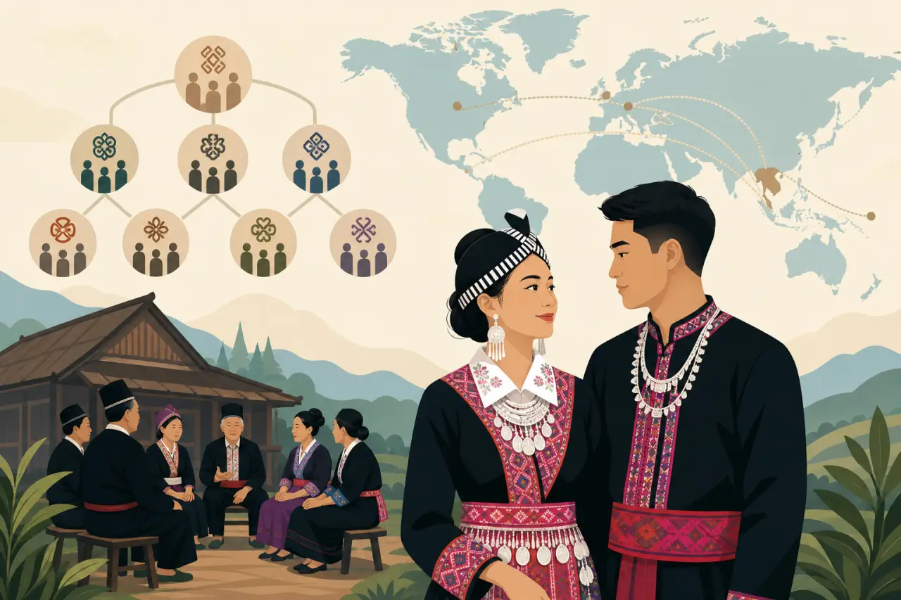 Illustrated banner depicting a couple in traditional embroidered attire beside a village elder gathering, a clan symbol family tree, and a world map w