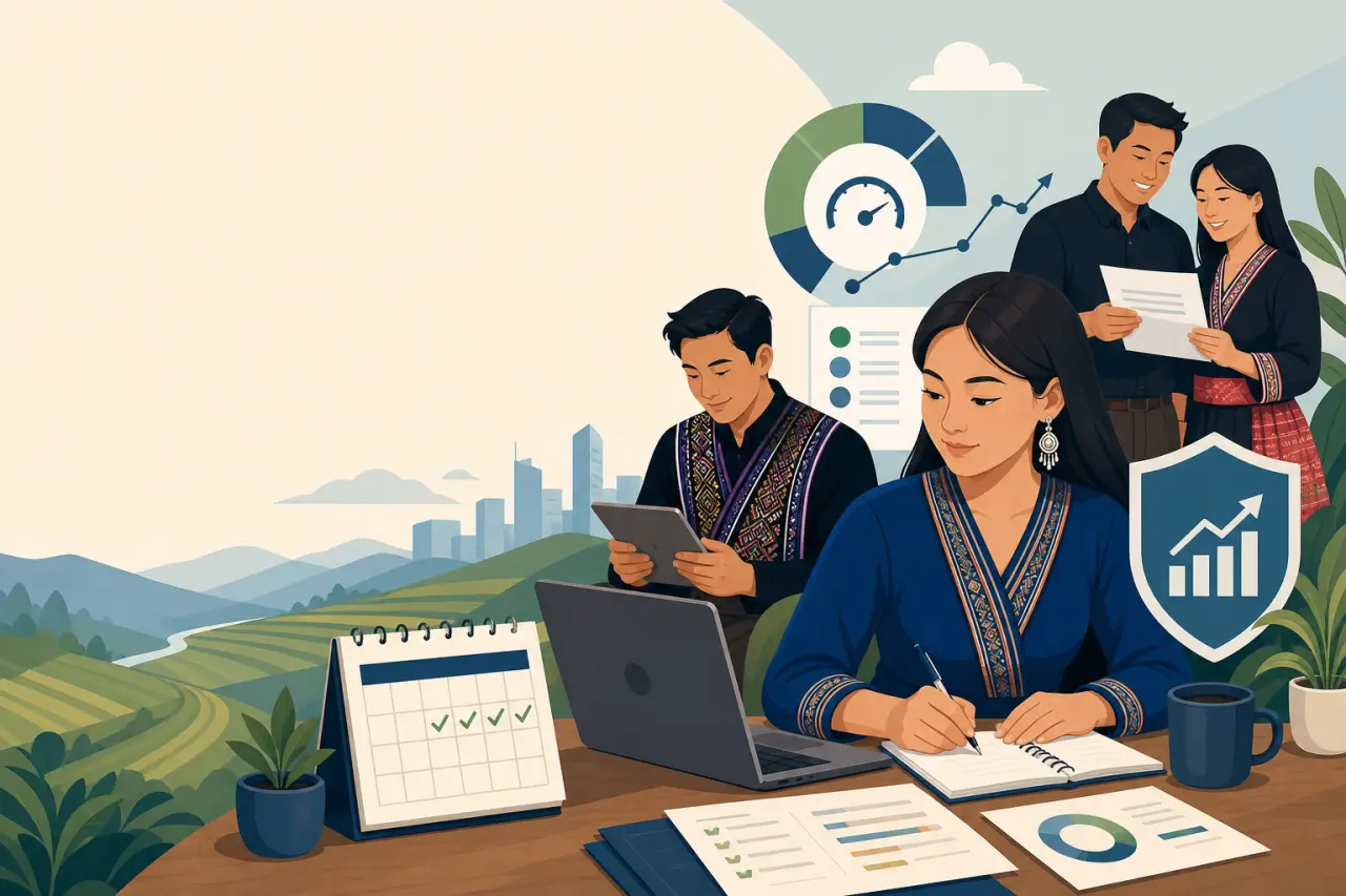 Illustration of professionals in traditional attire reviewing charts, calendars, and a growth-arrow shield graphic at a desk overlooking farmland and