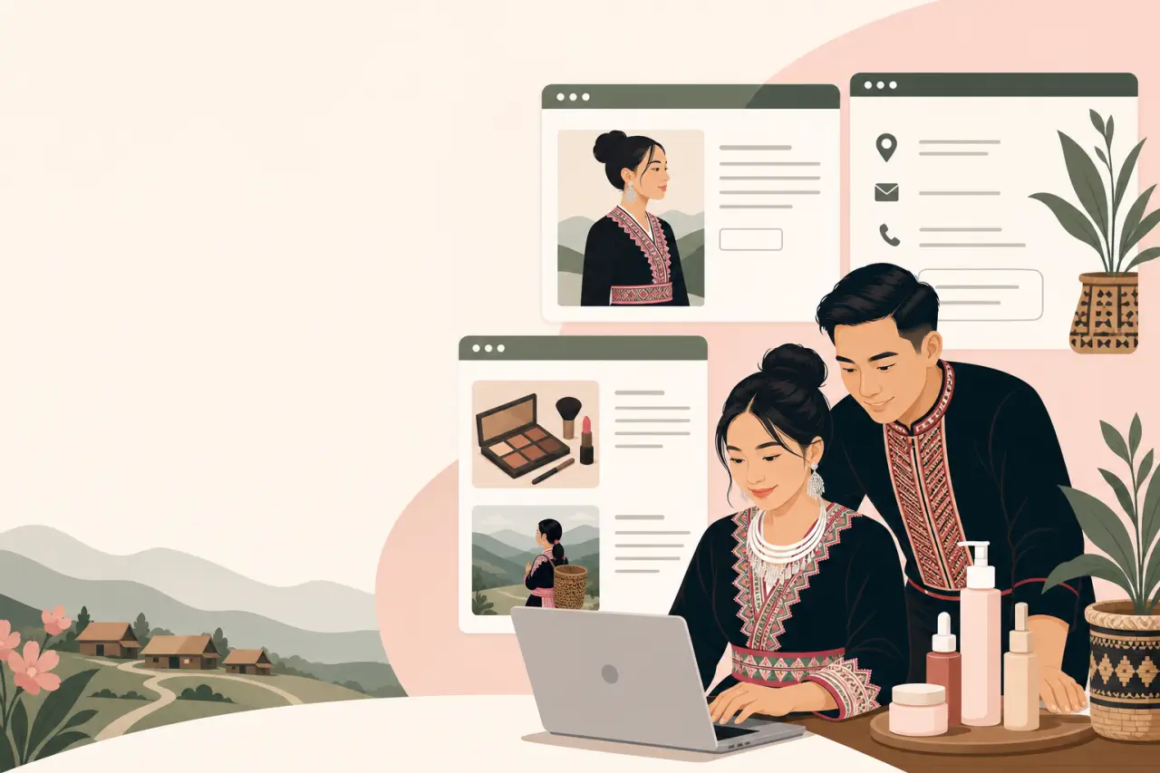 Illustration of a Hmong couple in traditional embroidered attire using a laptop surrounded by browser mockups showing product photos, contact details,