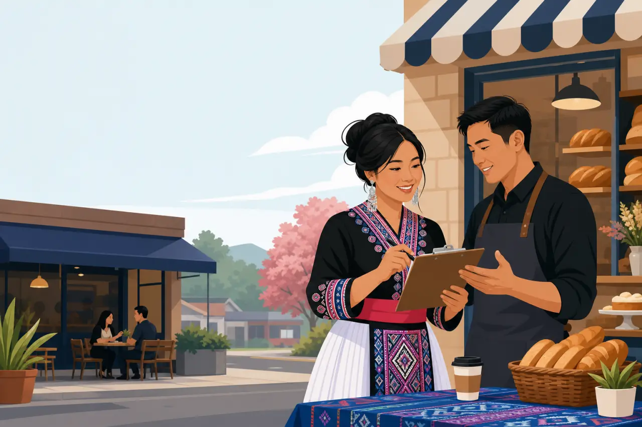 A woman in traditional embroidered attire signs a clipboard held by a bakery owner outside a storefront with fresh bread, illustrating why shop local
