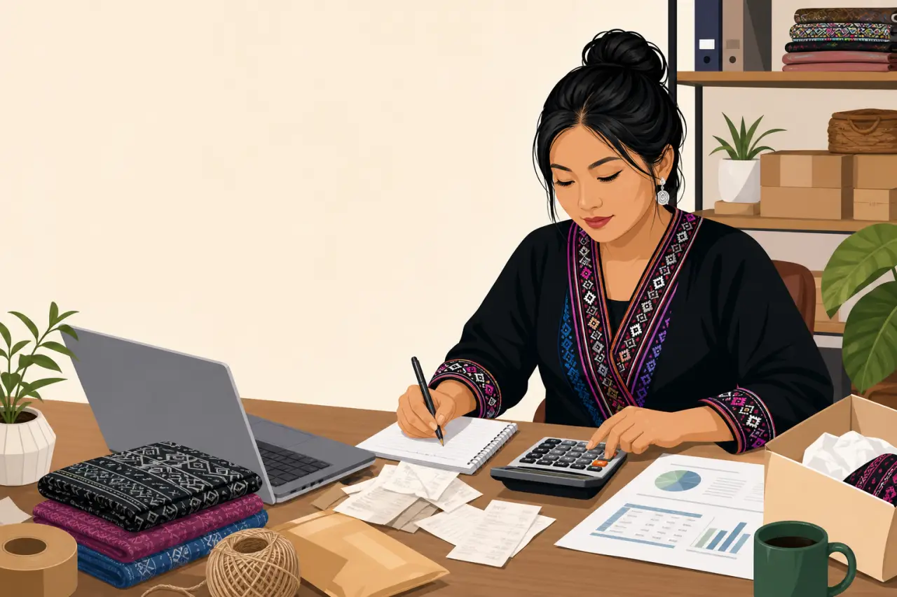 Illustration of a woman in embroidered attire calculating seller tax information at a desk with a laptop, receipts, folded fabrics, and packing suppli