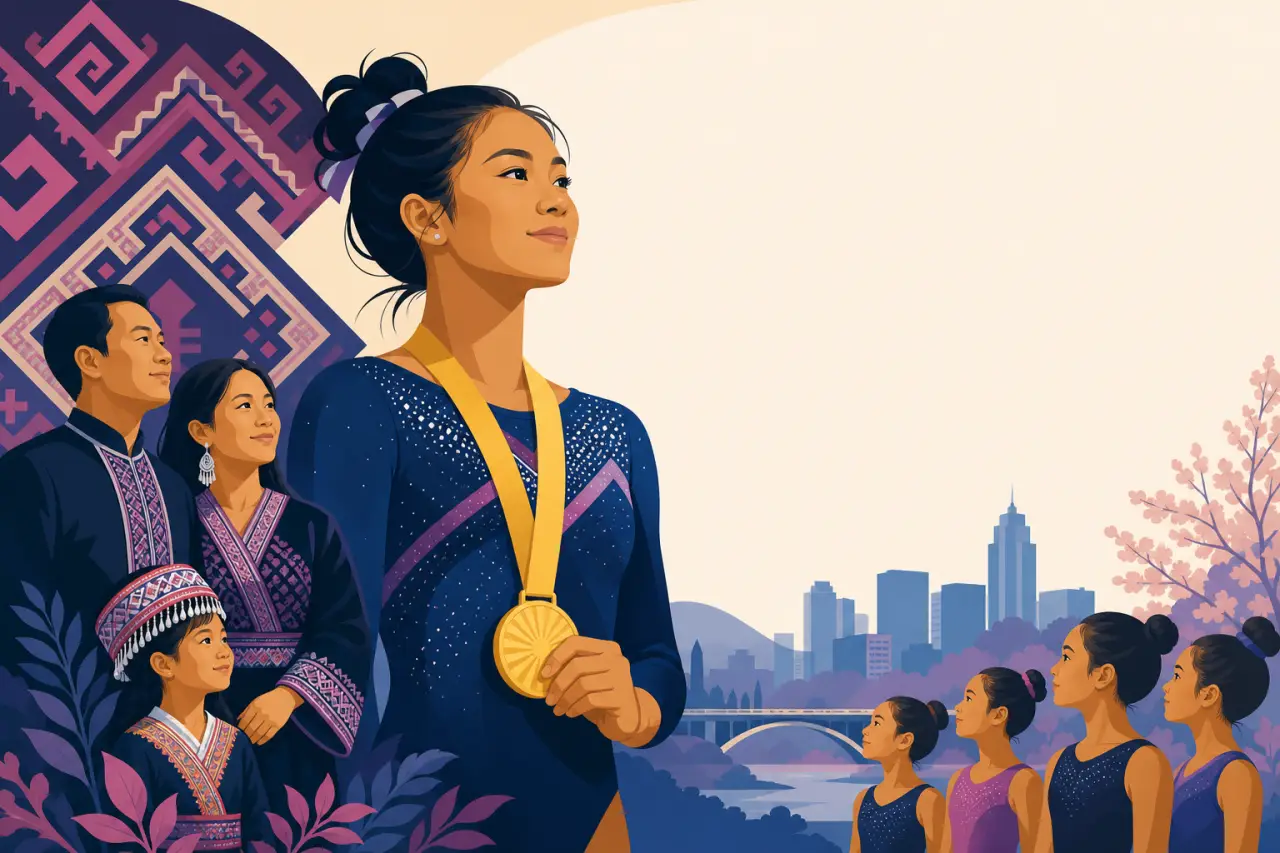 Illustrated banner celebrating Suni Lee Hmong American gymnast holding a gold medal, with her family in traditional Hmong attire, young gymnasts, and