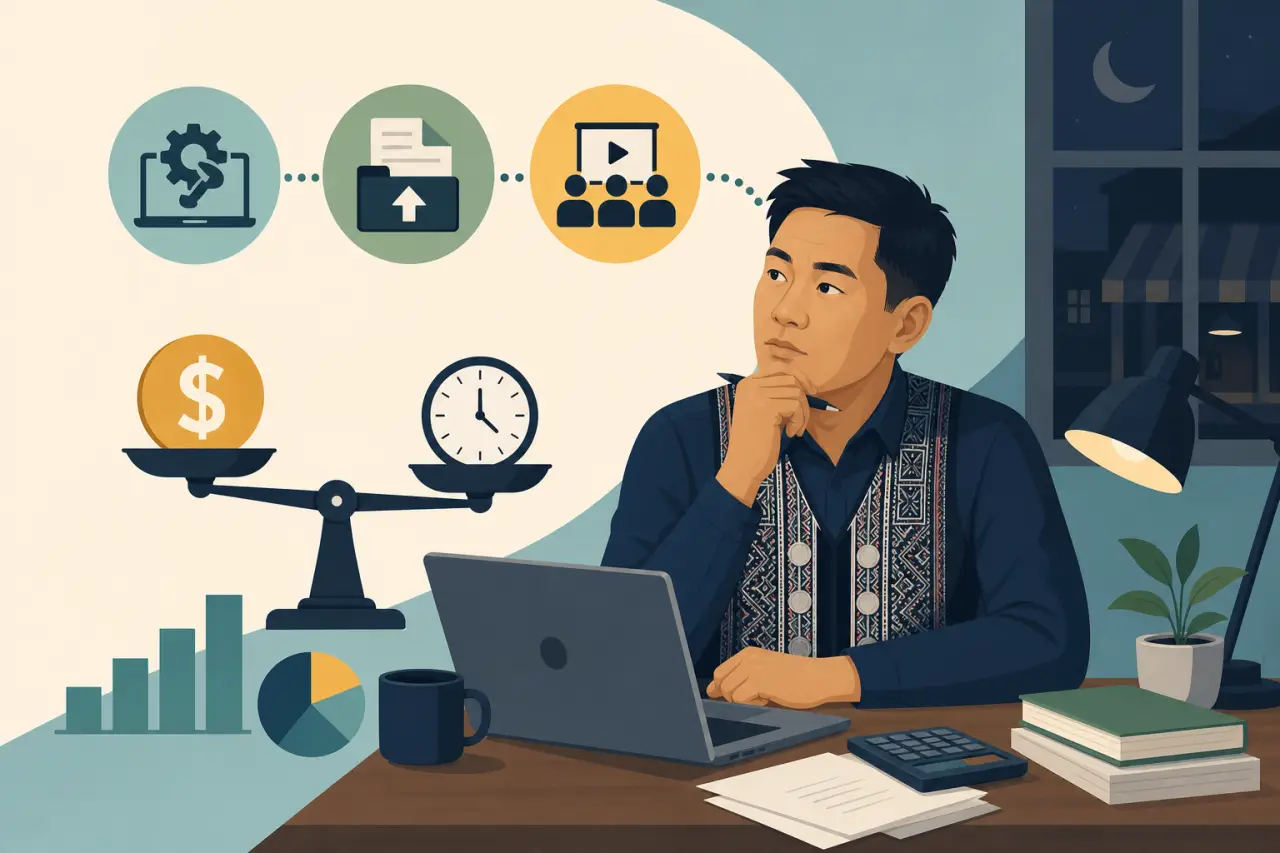 A thoughtful man works late at a laptop surrounded by icons for workflow, file uploads, and video meetings, with a balance scale weighing money agains