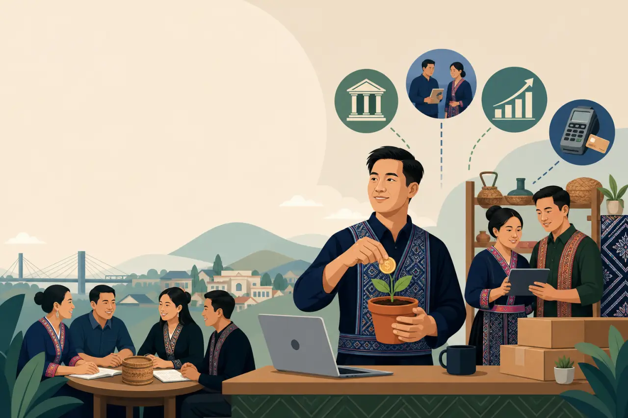 A man in traditional attire plants a coin in a small pot beside a laptop, illustrating how community banking, mentorship, and digital payment tools ca