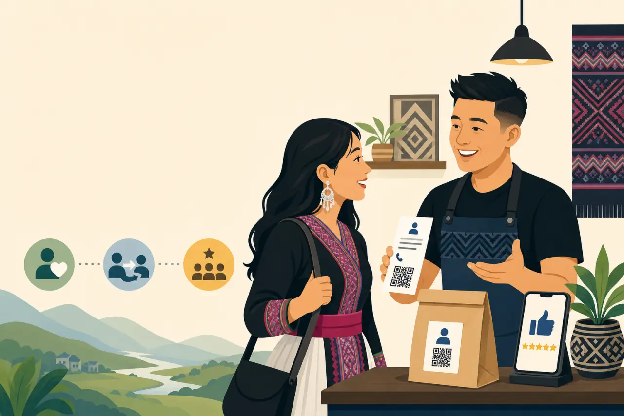Illustration of a smiling shop owner in traditional embroidered attire holding a QR code card while a customer with a woven bag looks on, surrounded b