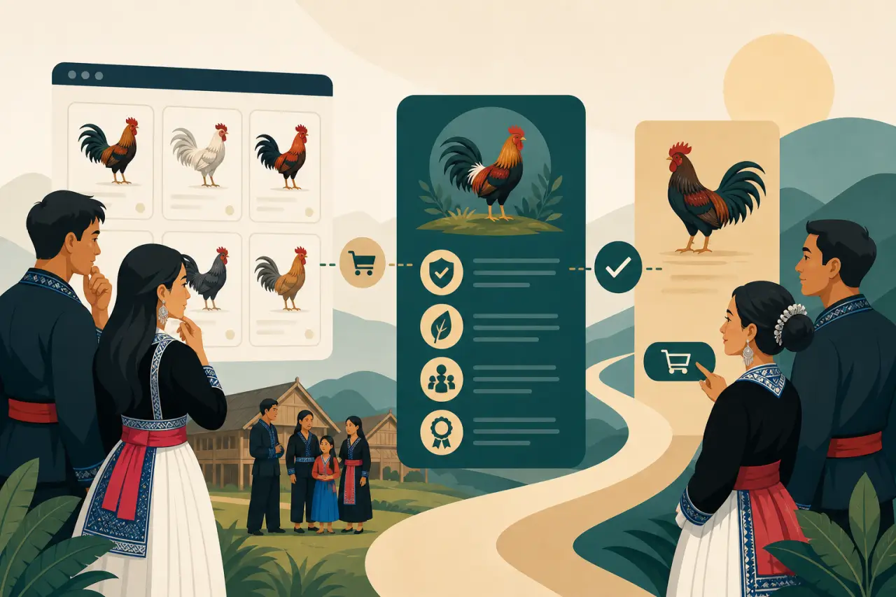 Illustrated figures in traditional Hmong attire browse rooster product cards and checkout icons beside a rural village, symbolizing hmong poultry supp