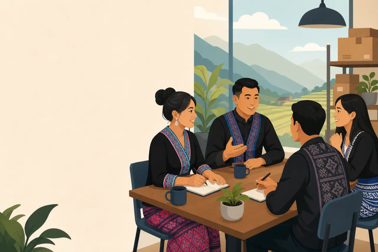Illustrated team in traditional embroidered attire discussing business communication strategies for small business around a wooden table with notebook