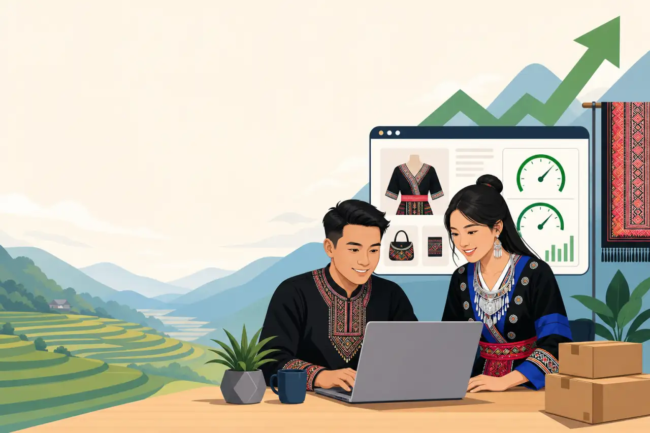 Illustration of a young man and woman in traditional Hmong embroidered attire using a laptop at a desk with terraced rice fields in the background, an