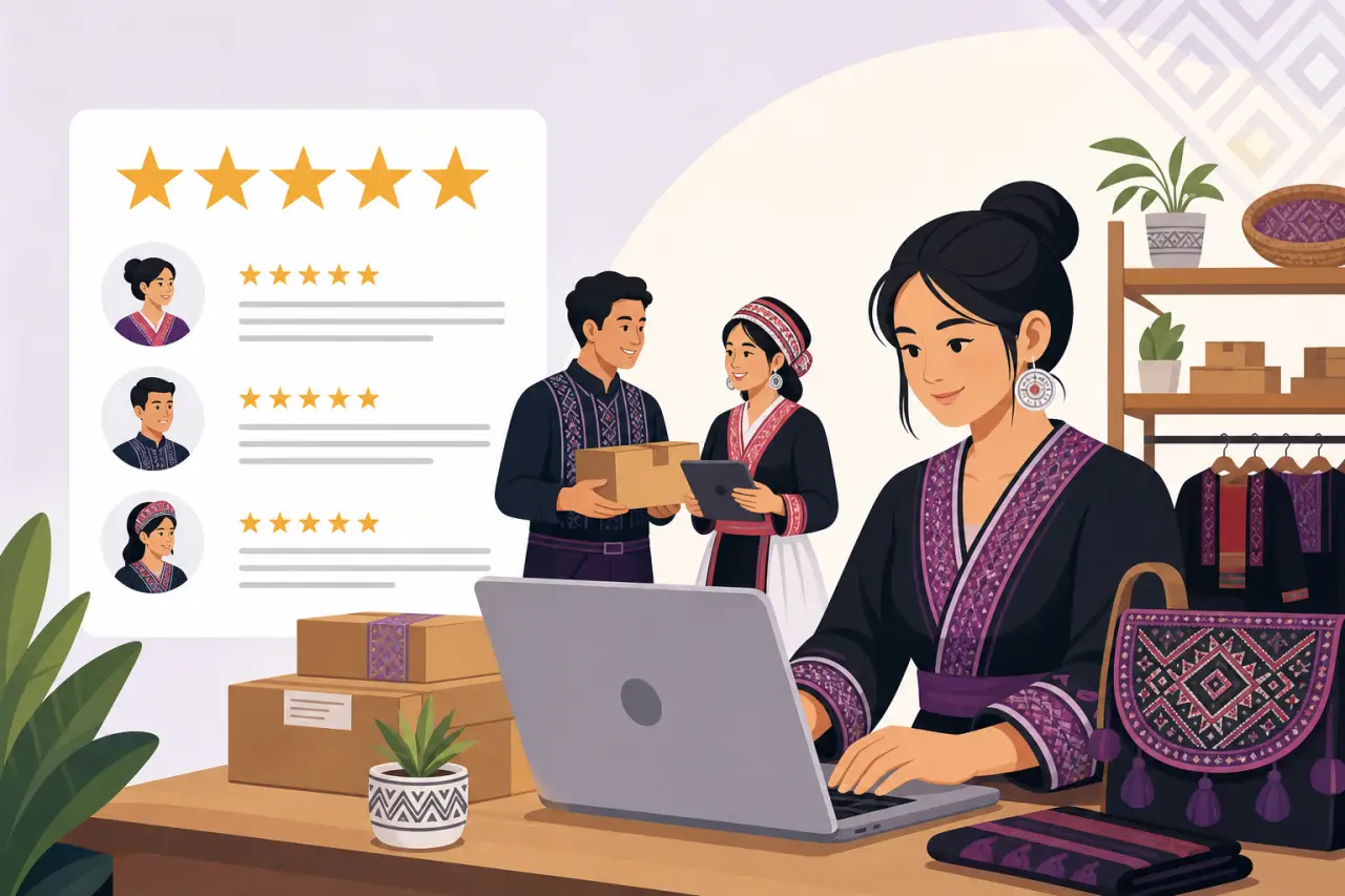 Illustration of a woman in traditional embroidered attire managing an online shop on a laptop, surrounded by shipping boxes and a five-star seller per