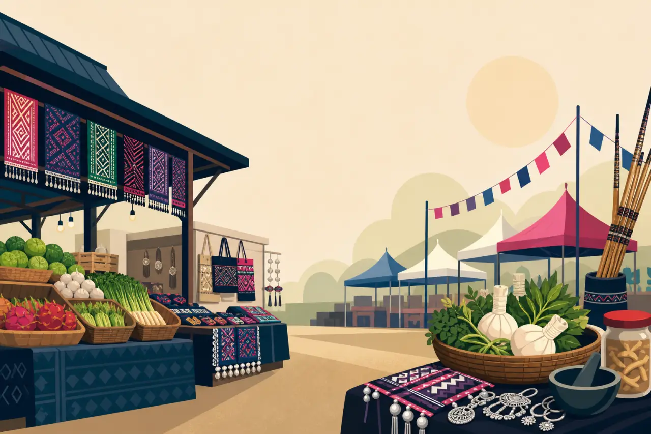 Illustrated market scene with woven textiles, embroidered bags, silver jewelry, fresh produce, and herb bundles displayed under colorful tent stalls,
