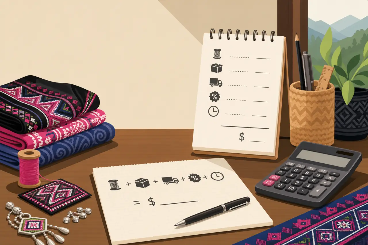 A workspace with folded embroidered textiles, thread, jewelry, a calculator and a checklist notepad illustrating a formula for pricing your items.