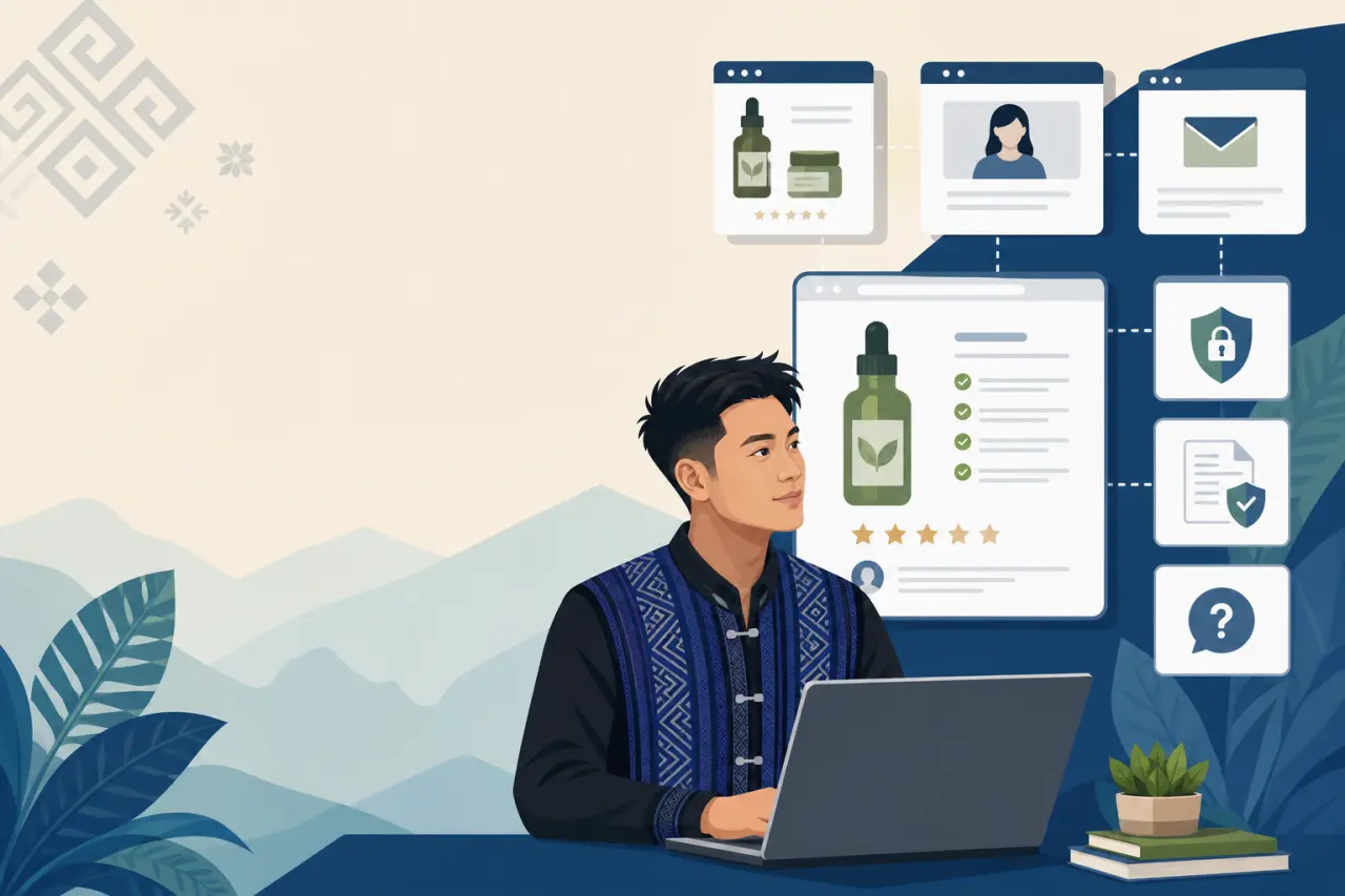 Illustration of a man in traditional Hmong attire using a laptop surrounded by product review, security, and email icons, symbolizing an adult acne sk